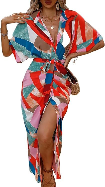 Milumia Women's Color Block Button Up Midi Dress Belted Bat wing Sleeve Summer Dresses | Amazon (US)