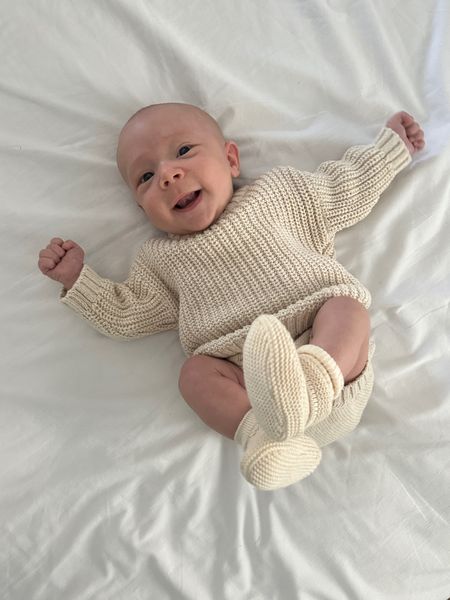 Neutral baby knit sweater, bloomers and booties 

#LTKbaby #LTKfindsunder50 #LTKfamily