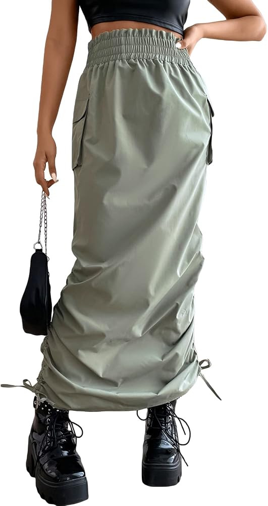 MakeMeChic Women's High Waisted Paperbag Flap Pocket Drawstring Ruched Long Cargo Skirt | Amazon (US)