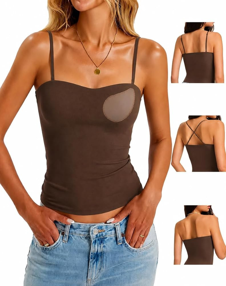 Womens Built in Bra Tank Tops Seamless Spaghetti Strap Going Out Camisole | Amazon (US)