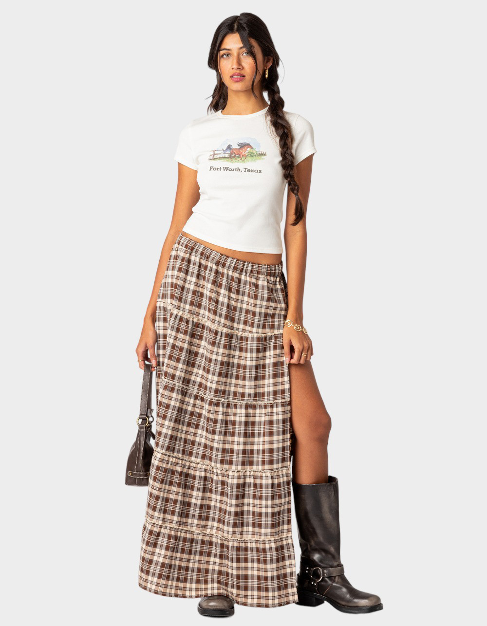 EDIKTED Plaid Side Slit Tiered Womens Maxi Skirt | Tillys