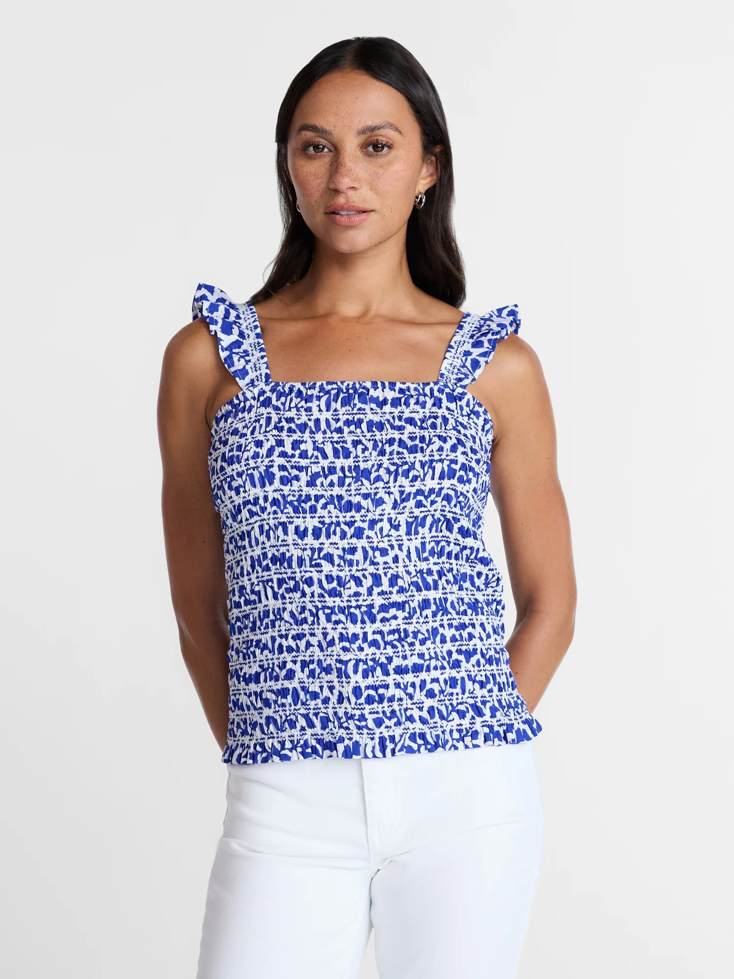 Time and Tru Women's Smocked Cotton Tank Top with Ruffle Straps, Sizes XS-XXXL | Walmart (US)