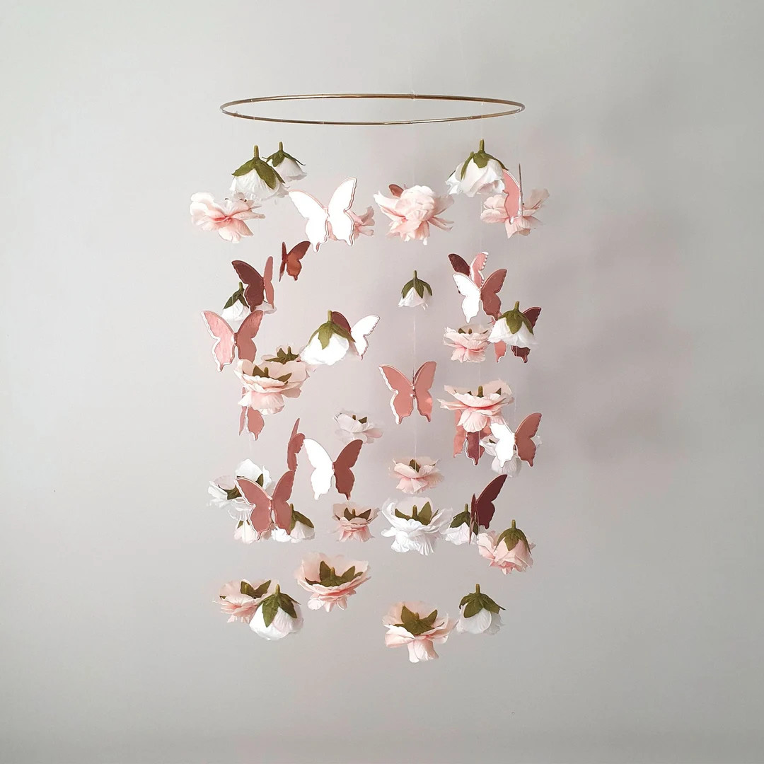 Flower and Butterfly Mobile, Baby Girl Mobile for Crib, Butterfly Crib Mobile, Rose Gold Baby Mob... | Etsy (US)