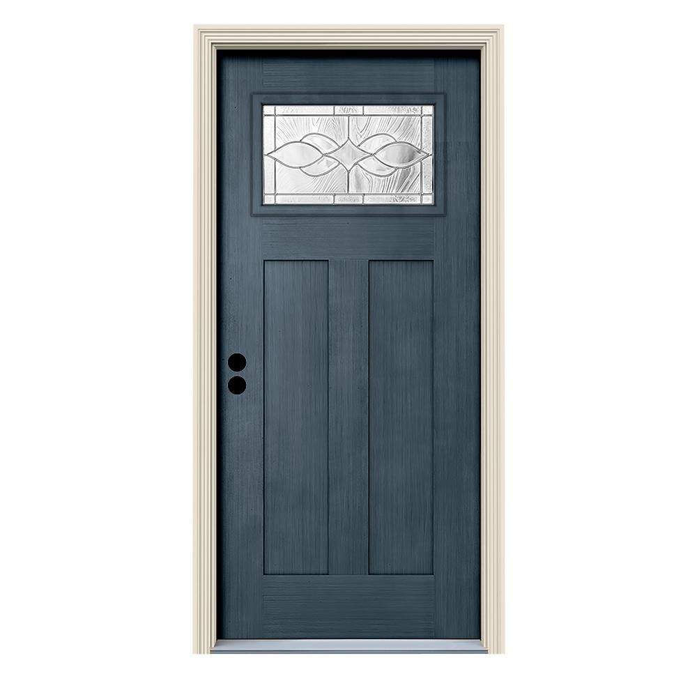 JELD-WEN 36 in. x 80 in. Denim Right-Hand 1-Lite Craftsman Carillon Stained Fiberglass Prehung Front | The Home Depot