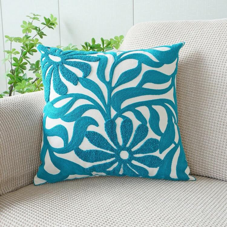 1 Pc Floral Plant Embroidered Canvas Cushion Cover | SHEIN