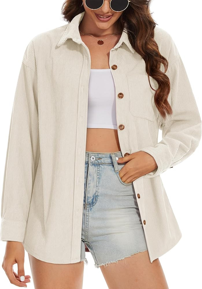 MAGCOMSEN Womens Corduroy Shacket Long Sleeve Button Down Shirt Spring Casual Jacket Bust Pocket ... | Amazon (US)