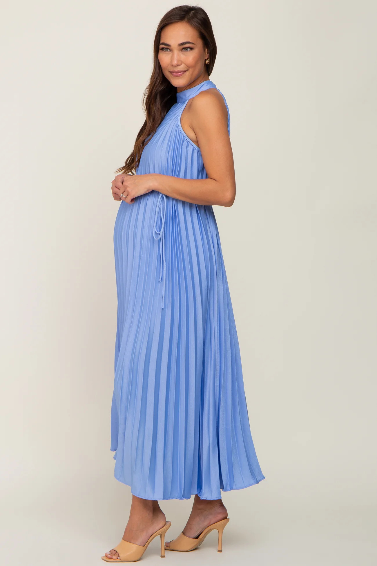 Light Blue Pleated Maternity Halter Dress | PinkBlush Maternity