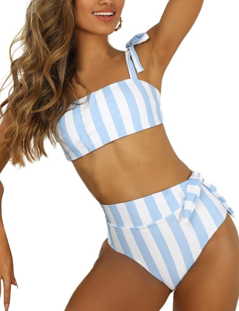 Womens High Waisted Bikini Set Tie Knot Bathing Suit Striped Hi Rise Two Piece Swimsuits | Amazon (US)
