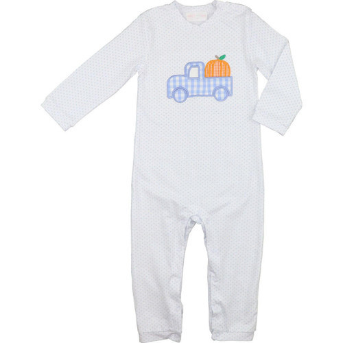 Blue Dot Knit Applique Truck And Pumpkin Long Romper | Cecil and Lou