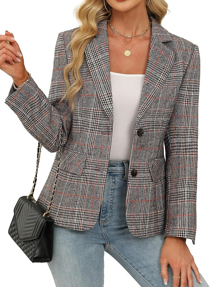 Womens Houndstooth Plaid 2 Button Blazer Jacket Notch Lapel Business Casual Long Sleeve Office Bl... | Amazon (US)