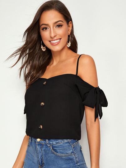 SHEIN Button Front Knot Cold Shoulder Top | SHEIN