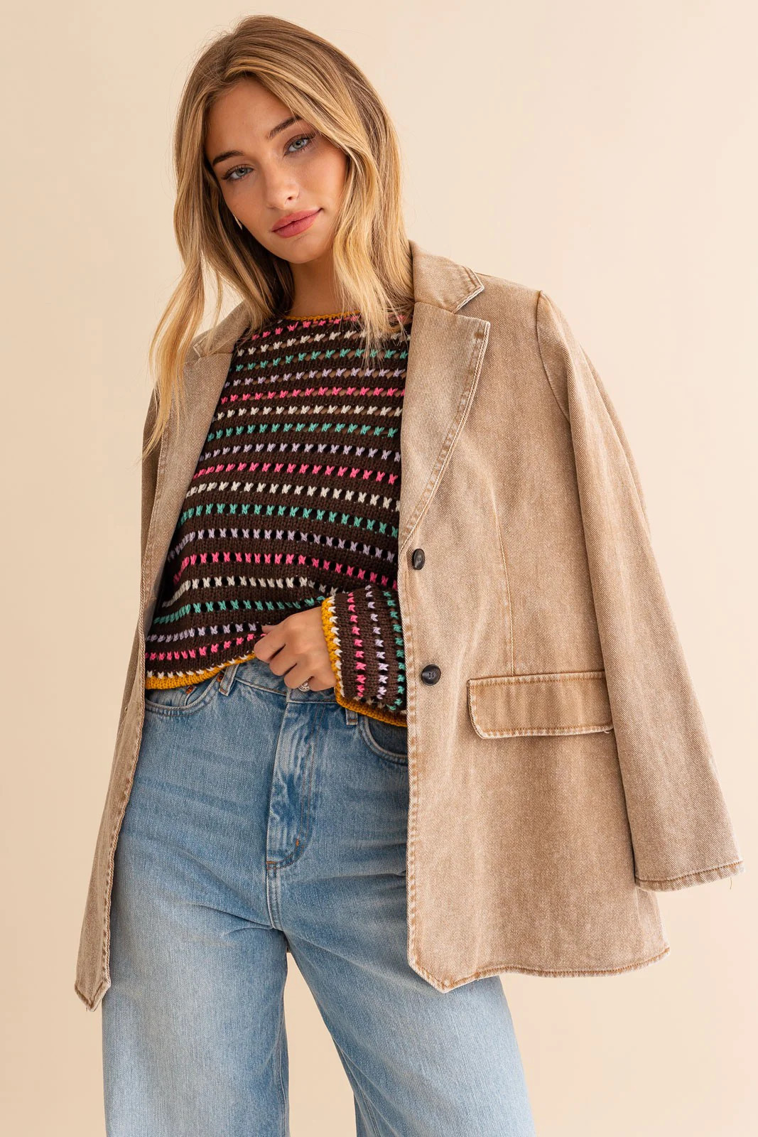 Beige Denim Front Pocket Blazer | PinkBlush Maternity