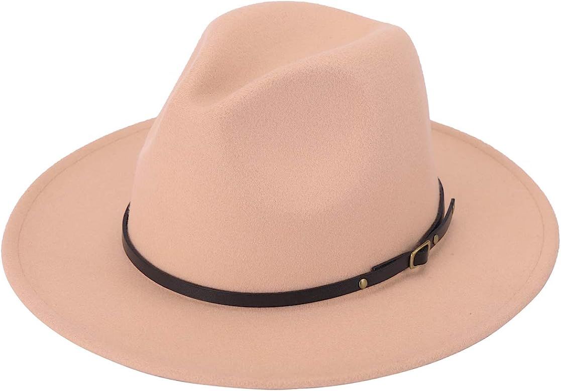 Women Lady Retro Wide Brim Floppy Panama Hat Belt Buckle Wool Fedora Hat | Amazon (US)