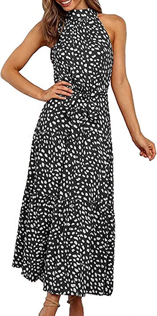 PRETTYGARDEN Women's Casual Halter Neck Sleeveless Floral Long Maxi Dress Backless Loose Ruffle S... | Amazon (US)