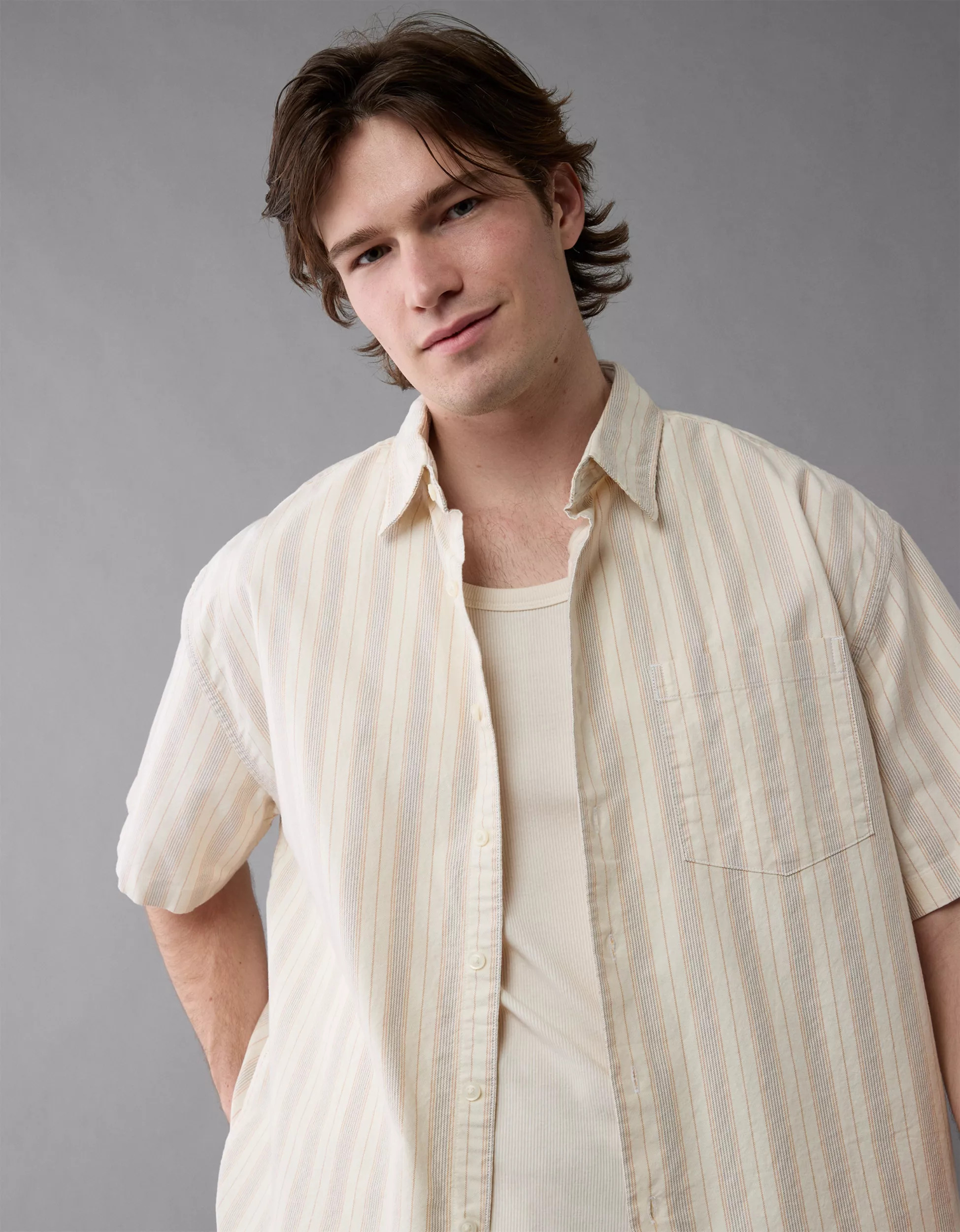 AE Poolside Striped Button-Up Shirt | American Eagle Outfitters (US & CA)