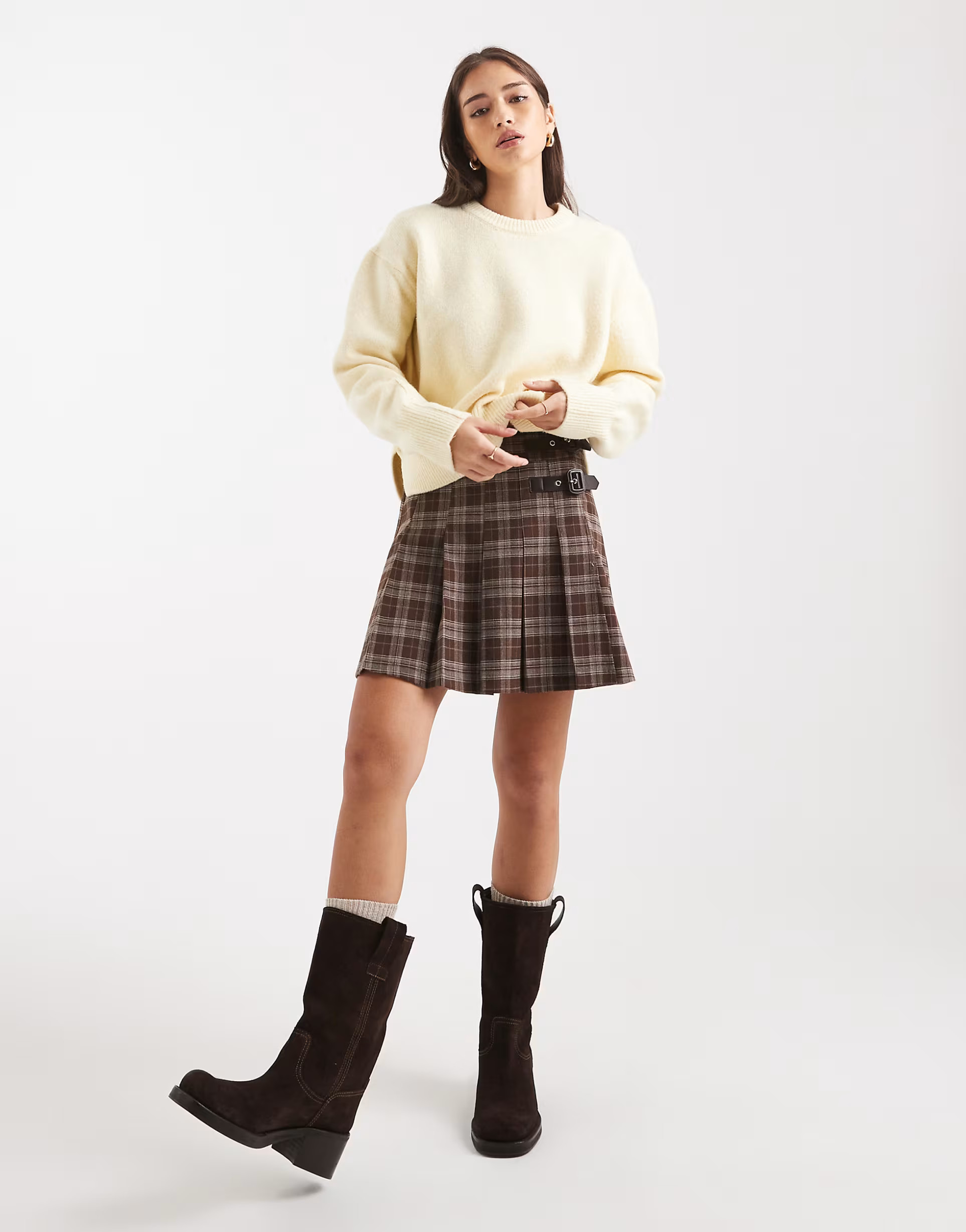 New Look check print buckle mini skirt in brown | ASOS (Global)