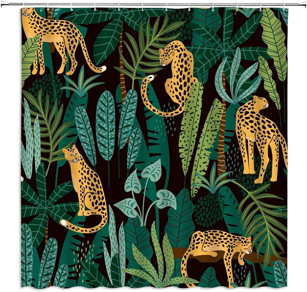 Leopard Shower Curtain Asian Wildlife Animal Leopard Cheetah Tiger Green Topical Palm Leaf Topica... | Amazon (US)