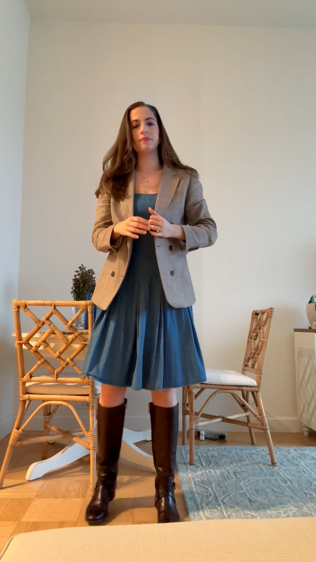Business casual, thanksgiving outfit, chambray dress, denim dress, jcrew, double breasted blazer, tweed blazer, herringbone blazer, thanksgiving dress, brown riding boots, tall brown riding boots, casual Friday, lawyer, attorney, law firm style, casual work outfit, casual workwear

#LTKSeasonal #LTKHoliday #LTKWorkwear