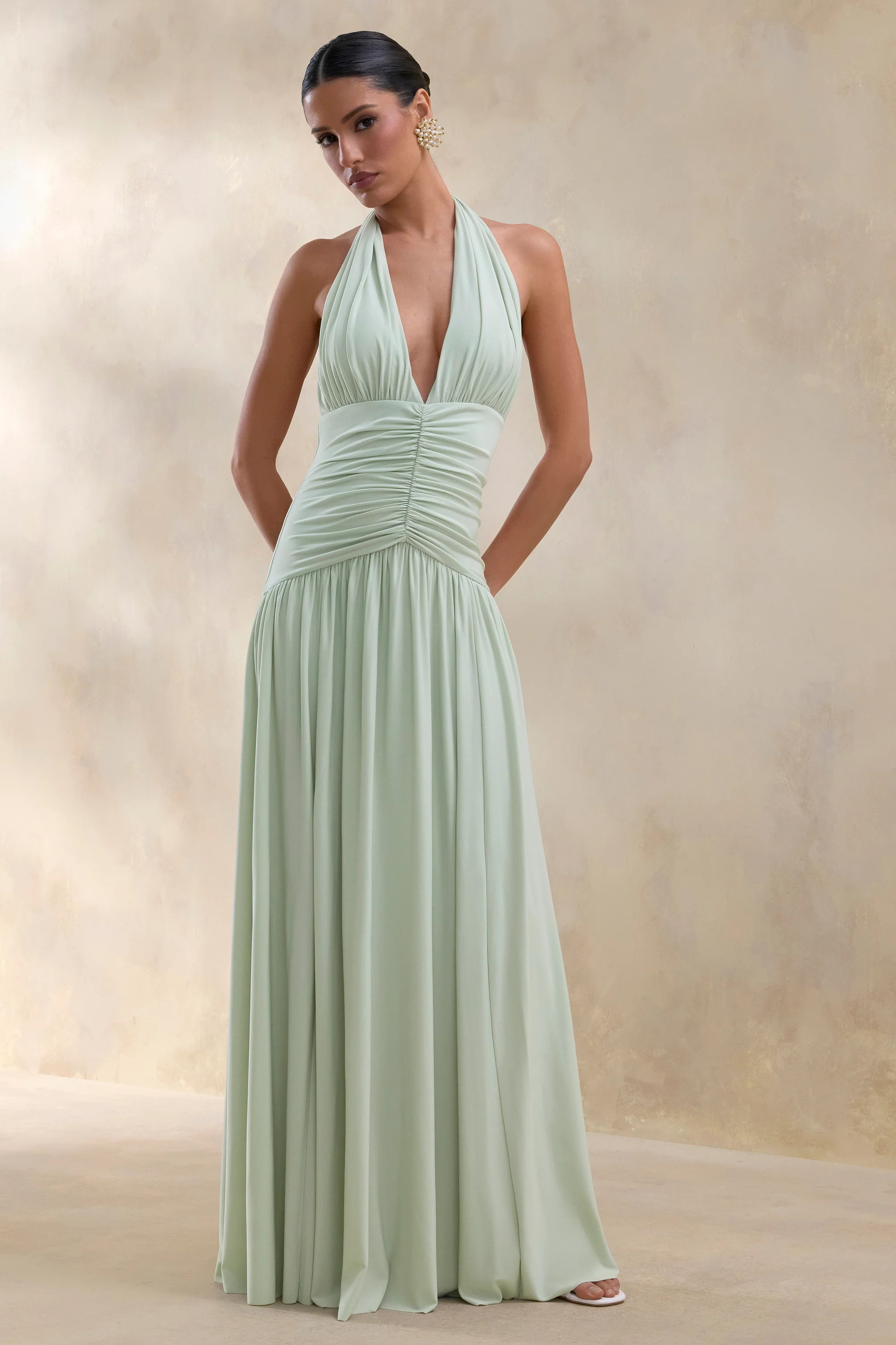 Bettina | Sage Plunge-Neck Maxi Dress With Gathered-Detailing | Club L London