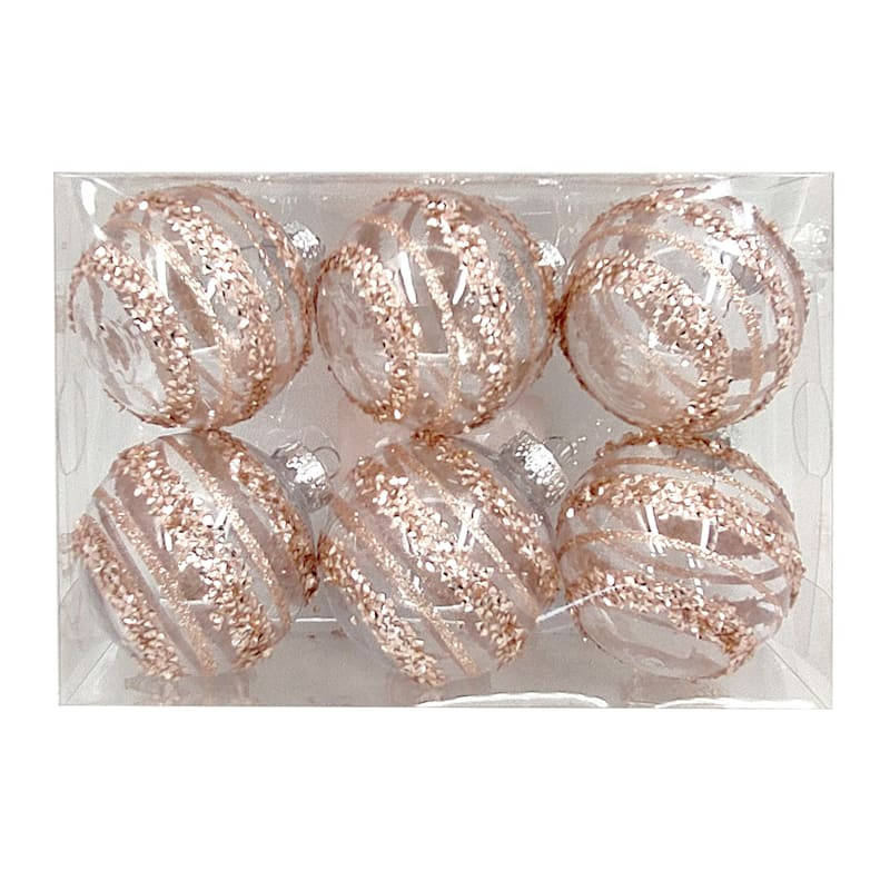 Pink 6-Count Pink Glittered Striped Shatterproof Ornaments | At Home