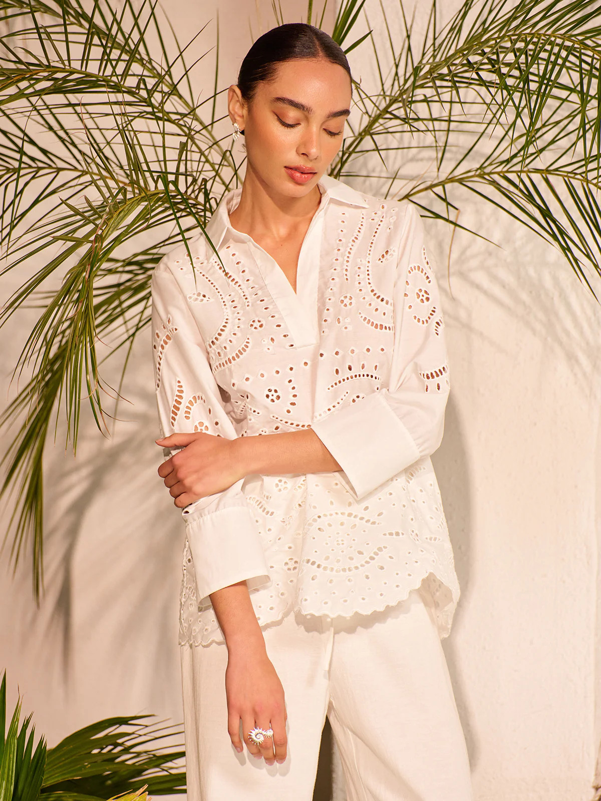 Cotton Eyelet Embroidered Semi-Sheer Top | Commense