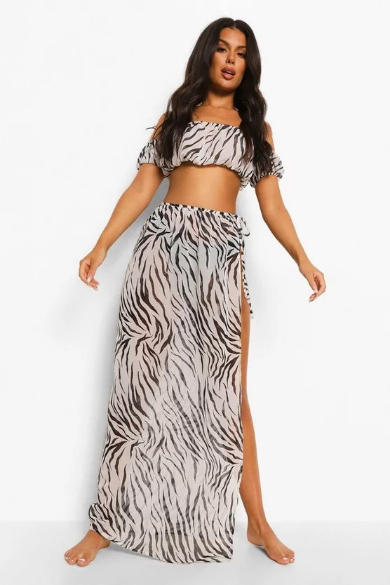 Zebra Print Chiffon Off The Shoulder Beach Two-Piece Set | Boohoo.com (US & CA)
