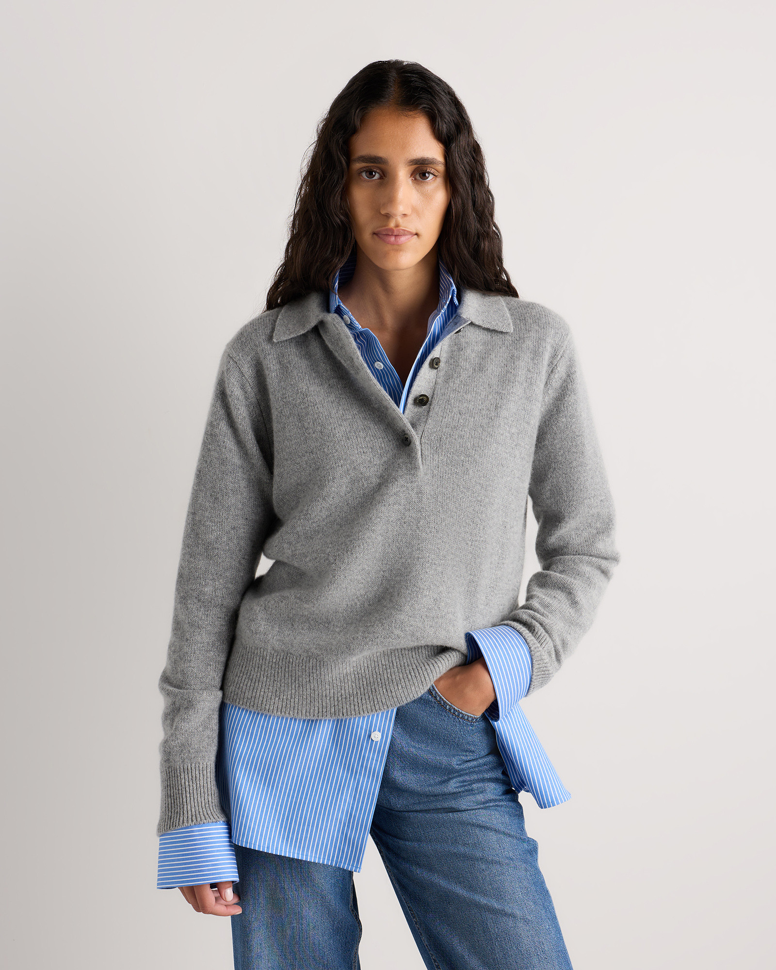 Quince | Women's Mongolian Cashmere Button Polo Sweater in Heather Grey, Size Small | Quince