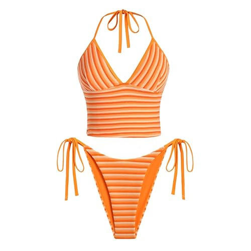 ZAFUL Womens Swimsuits Halter V Neck Tankini Set Moderate Coverage Terry Textured Bikini Thong Swimwear Orange Medium | Amazon (US)
