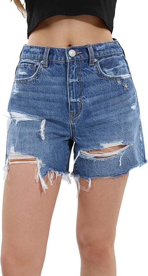 OFLUCK Women's High-Waisted Jeans Shorts Frayed Raw Hem Ripped Summer Denim Shorts | Amazon (US)