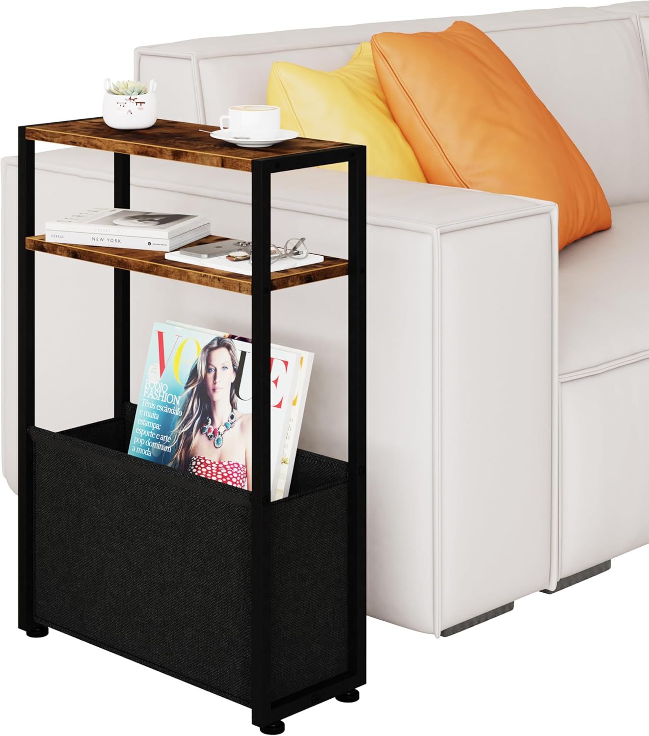 Narrow End Table, Small Narrow Side Table with Storage Pouch, Thin Side Table for Small Spaces, S... | Amazon (US)