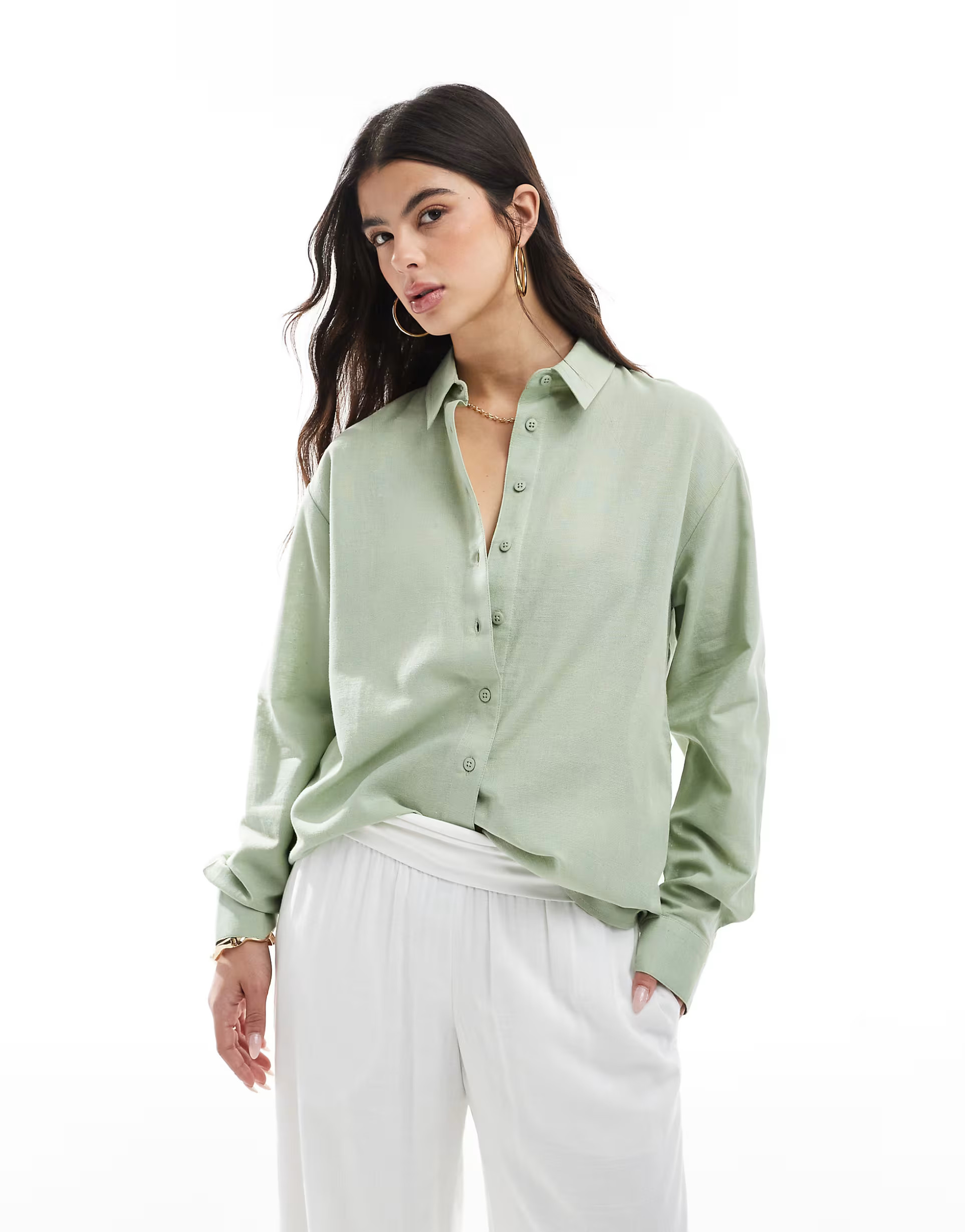 ASOS DESIGN linen blend shirt in khaki | ASOS (Global)