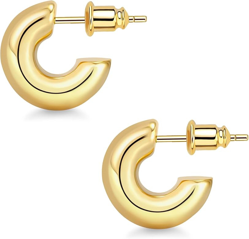 Chunky Gold Hoop Earrings, Small Gold Hoop Earrings for Women 14K Real Gold Plated 14mm Thick Ope... | Amazon (US)