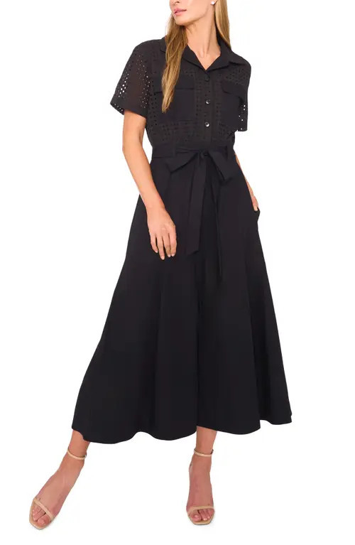 halogen(r) Eyelet Embroidery Midi Shirtdress in Rich Black at Nordstrom, Size X-Small | Nordstrom