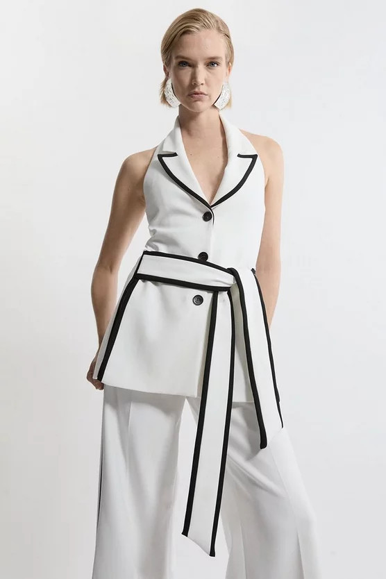 Compact Stretch Contrast Tipped Belted Wide Leg Tailored Jumpsuit | Karen Millen | Karen Millen US