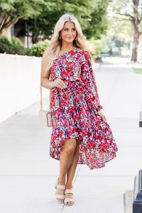 Forever Blooming One Shoulder Multicolor Floral Belted High Low Dress | Pink Lily