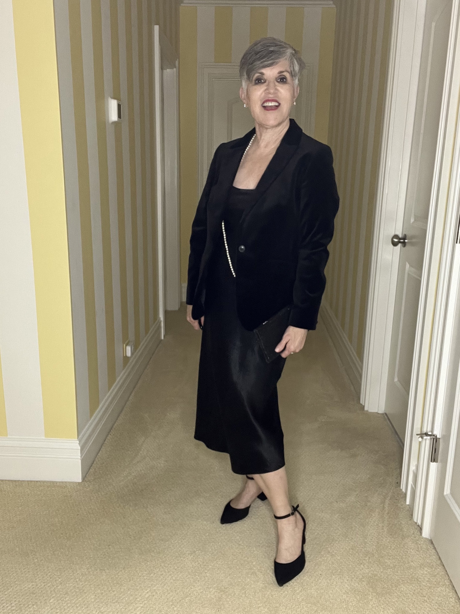 Here’s a great @vince slip dress (low in stock, so I also linked another pretty one below 👇(s).
Worn with a black velvet blazer, black D’orsay heels, pearls, a gorgeous clutch, and pretty earrings.
#slipdress #ltkstyletip
#ltkover50 #ltkparties #ltkwedding#LTKMostLoved 

#LTKsalealert #LTKfindsunder50