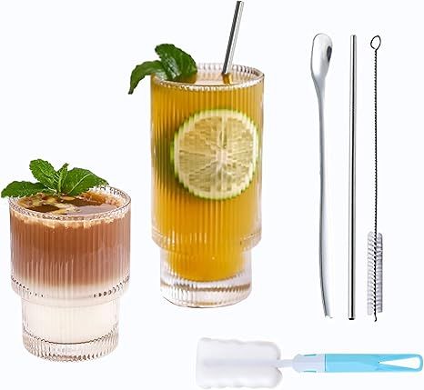 Ripple Glass Cups Ribbed Glassware Sets, Vintage Unique Highball Drinking Glasses, Bar Drinkware ... | Amazon (US)