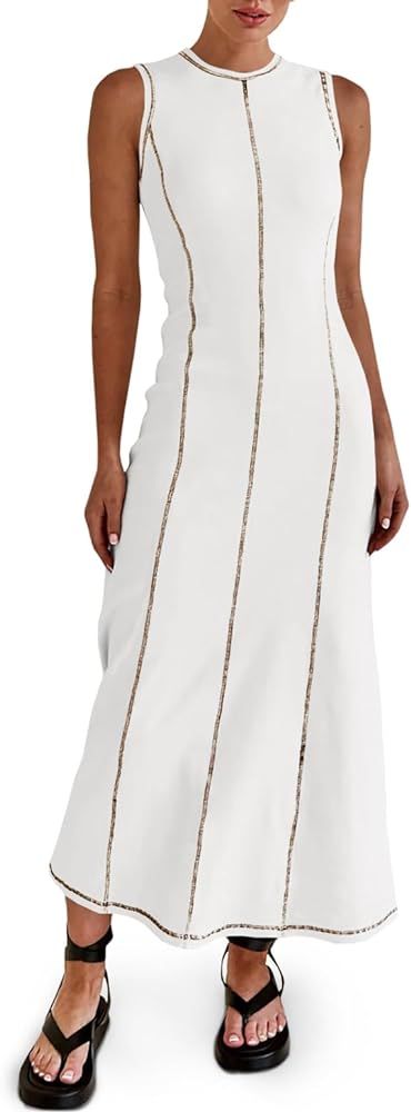 Wenrine Womens Sleeveless T Shirt Dress Summer Contrast Stitch Ribbed Knit Tank Maxi Dresses | Amazon (US)