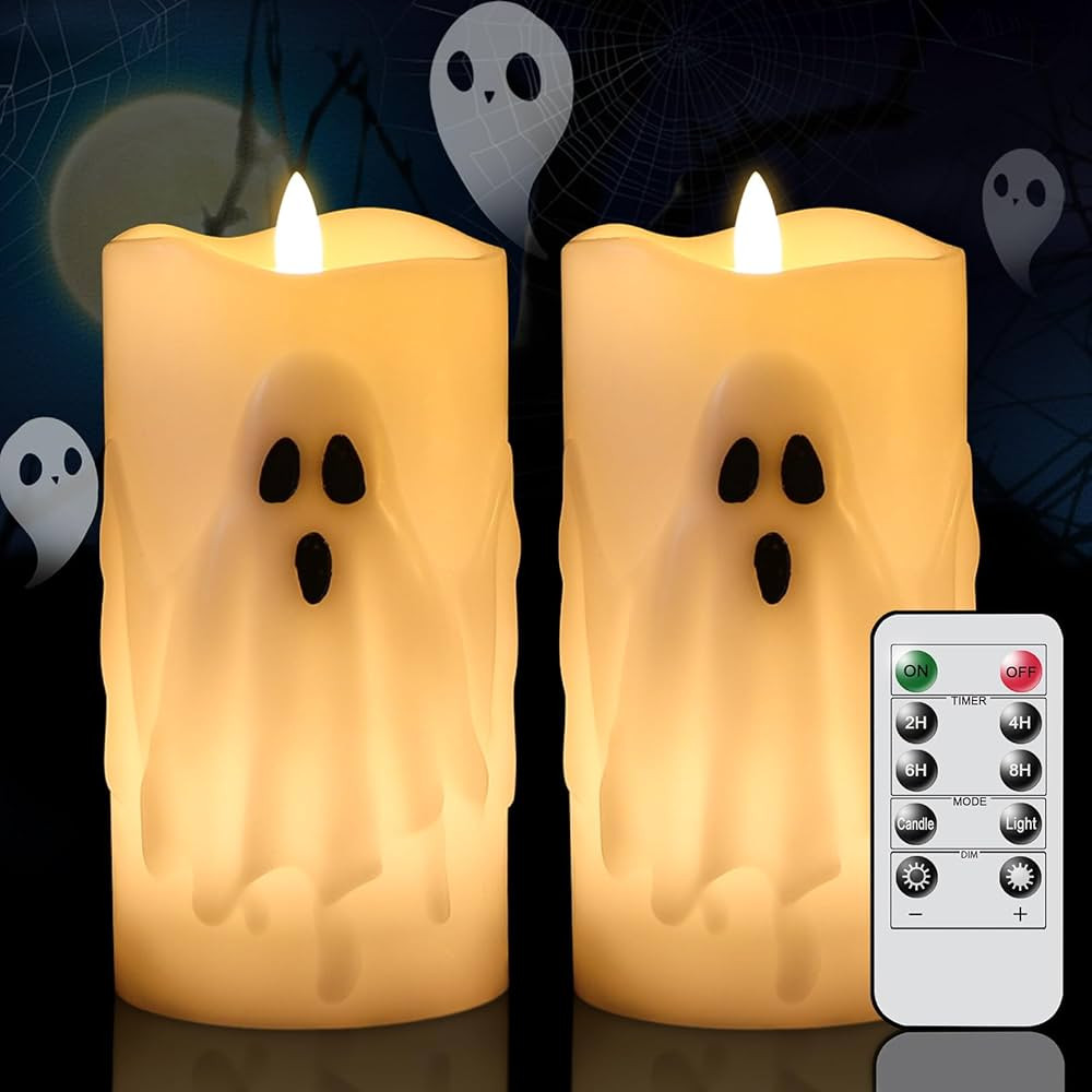 Halloween Ghost Flameless Pillar Candles with Remote Timer, Battery Operated LED Candles for Hall... | Amazon (US)