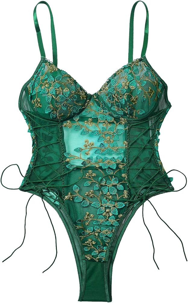 Lilosy Women Sexy Lace Up Floral Embroidered Teddy Lingerie Bodysuit Top Mesh Sheer One Piece | Amazon (US)