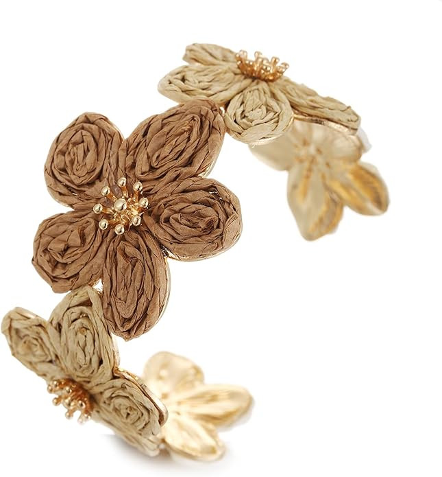 Raffia Flower Cuff Bracelet for Women, Floral Chunky Bangle Wide Open Cuff Statement Bracelet | Amazon (US)