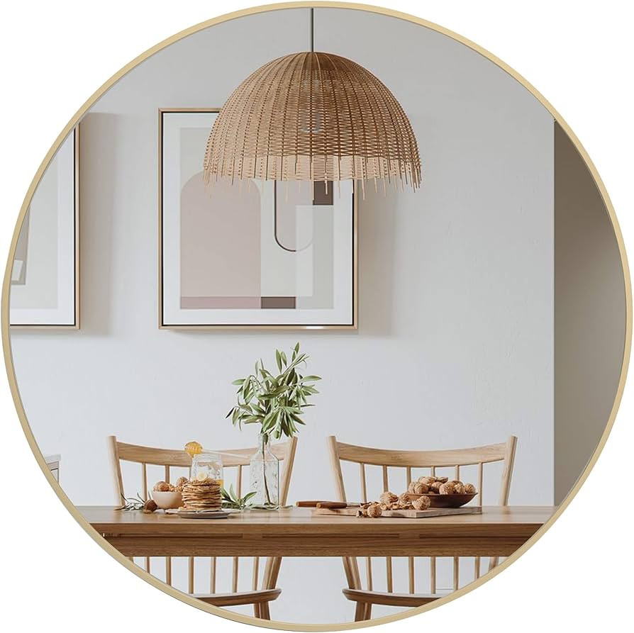 30 inch Gold Circle Wall Mirror, Brushed Gold Metal Framed Round Mirror for Bathroom Vanity, Bedr... | Amazon (US)