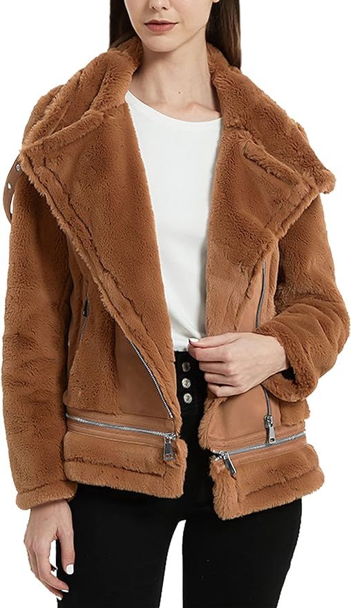 Bellivera Women Faux Fur Coat Suede Leather Jacket Sherpa Lined Zip-up Outerwear | Amazon (US)