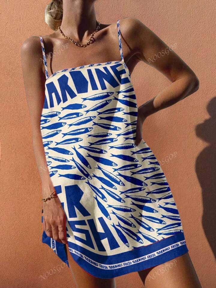 Boho Spring And Summer Beachwear For Casual Versatile Suspender Letter Sardine Print Ropical Vacation Woman Clothes A-Line Dress | SHEIN