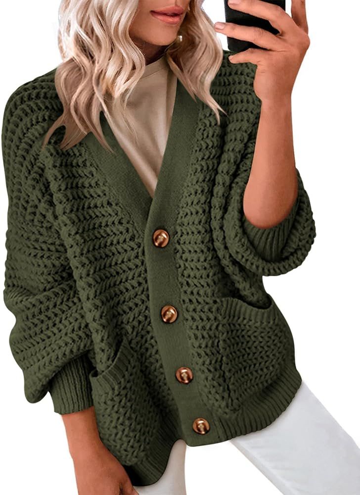 Zenlonr Women's Fall Cardigan 2023 Long Sleeve Open Front Button Sweater V Neck Knit Outwear Coat... | Amazon (US)