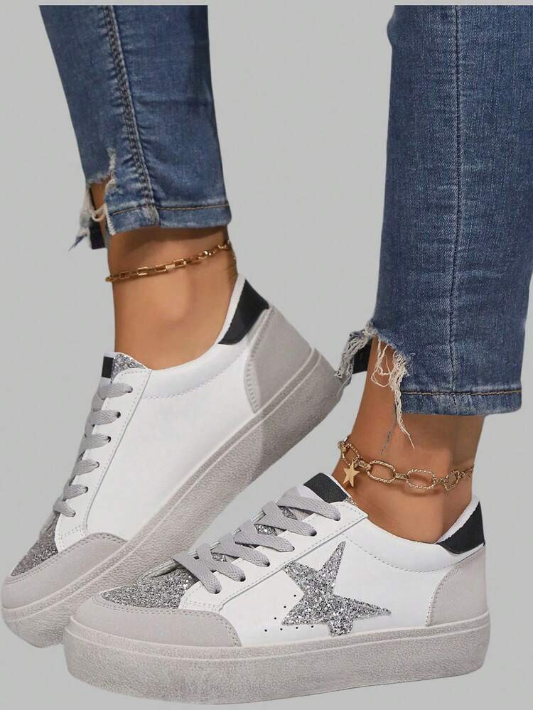 DareSee Women's Star Decor Lace-Up Round Toe Casual Dirty Shoes, White, Autumn Music-Fest Y2K-Fest Back To School Autumn Winter Gifts Music Fest | SHEIN