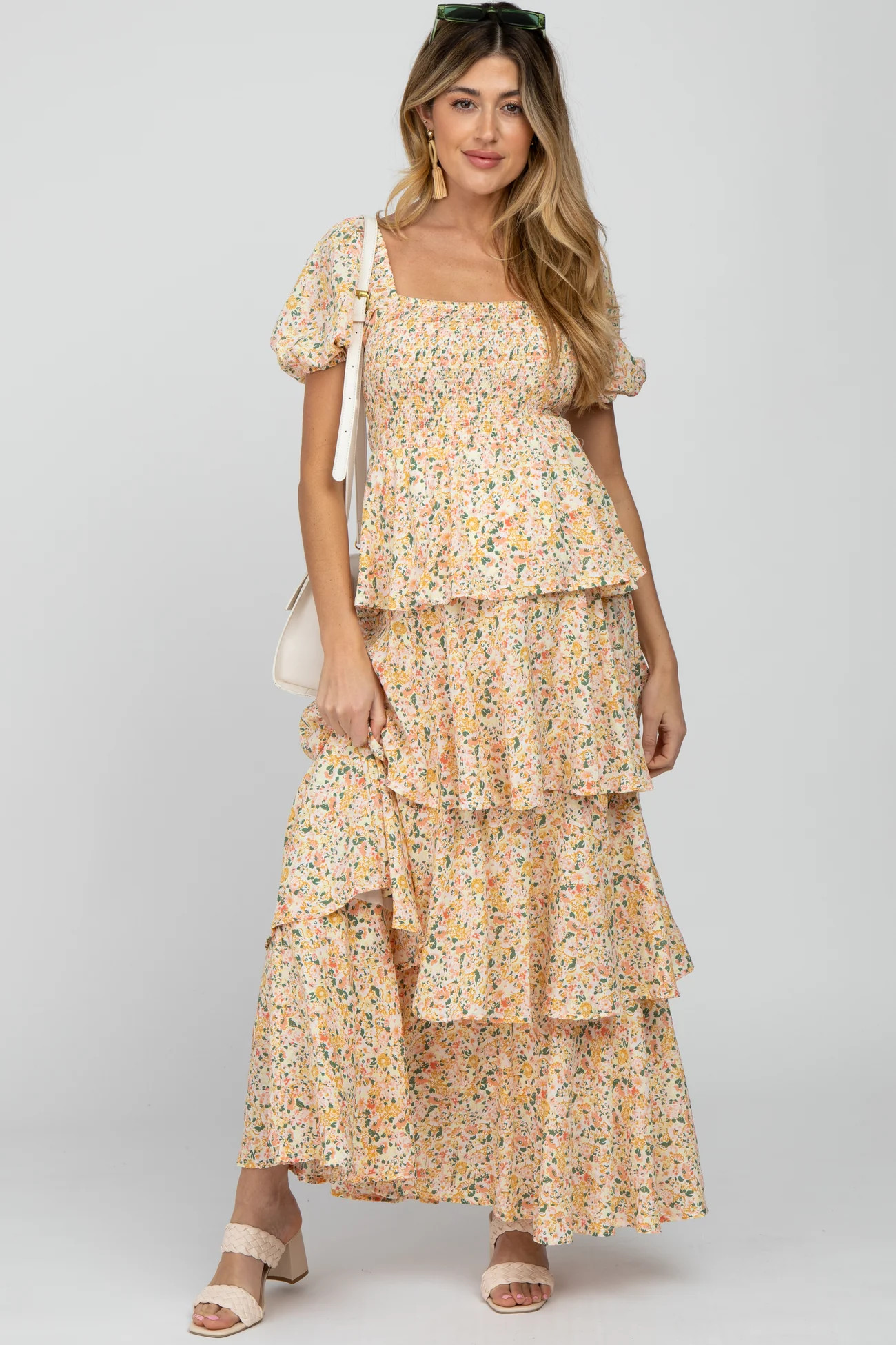 Yellow Floral Square Neck Ruffle Layered Maternity Maxi Dress | PinkBlush Maternity