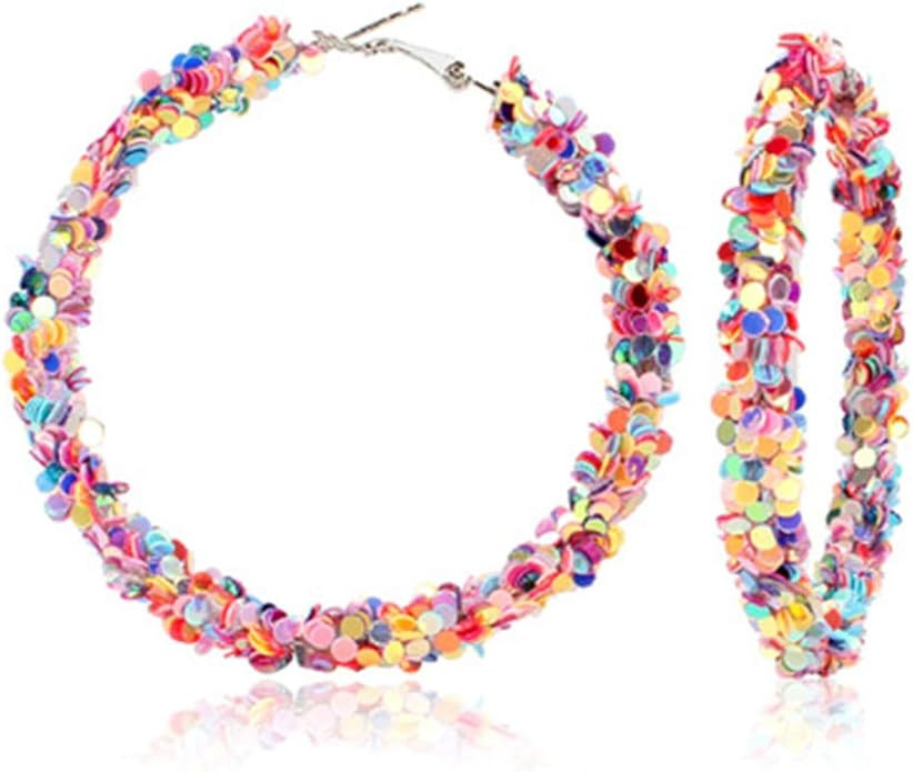 Rainbow Sequins Circle Round Big Hoop Earrings Sparkle Glitter Suger Circle Large Loop Earrings f... | Amazon (US)