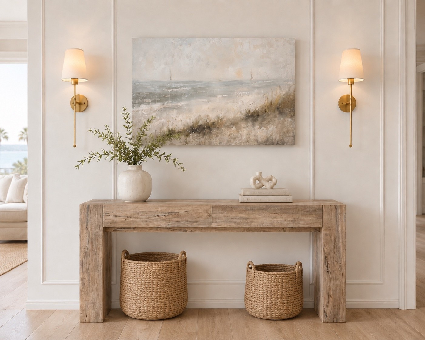 Rendering of a coastal console moment using a target console and art and Amazon battery powered sconces.

#LTKHome