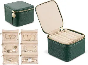 VLANDO Travel Jewelry Box Organizer – Portable PU Leather Jewelry Case with 6/8/12 Zippered Pou... | Amazon (US)
